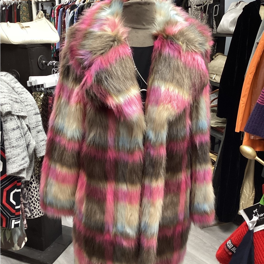 NVLT from Anthropologie Faux Fur Plaid Coat – Multicolor Pastel | Size M - Picture 7 of 7
